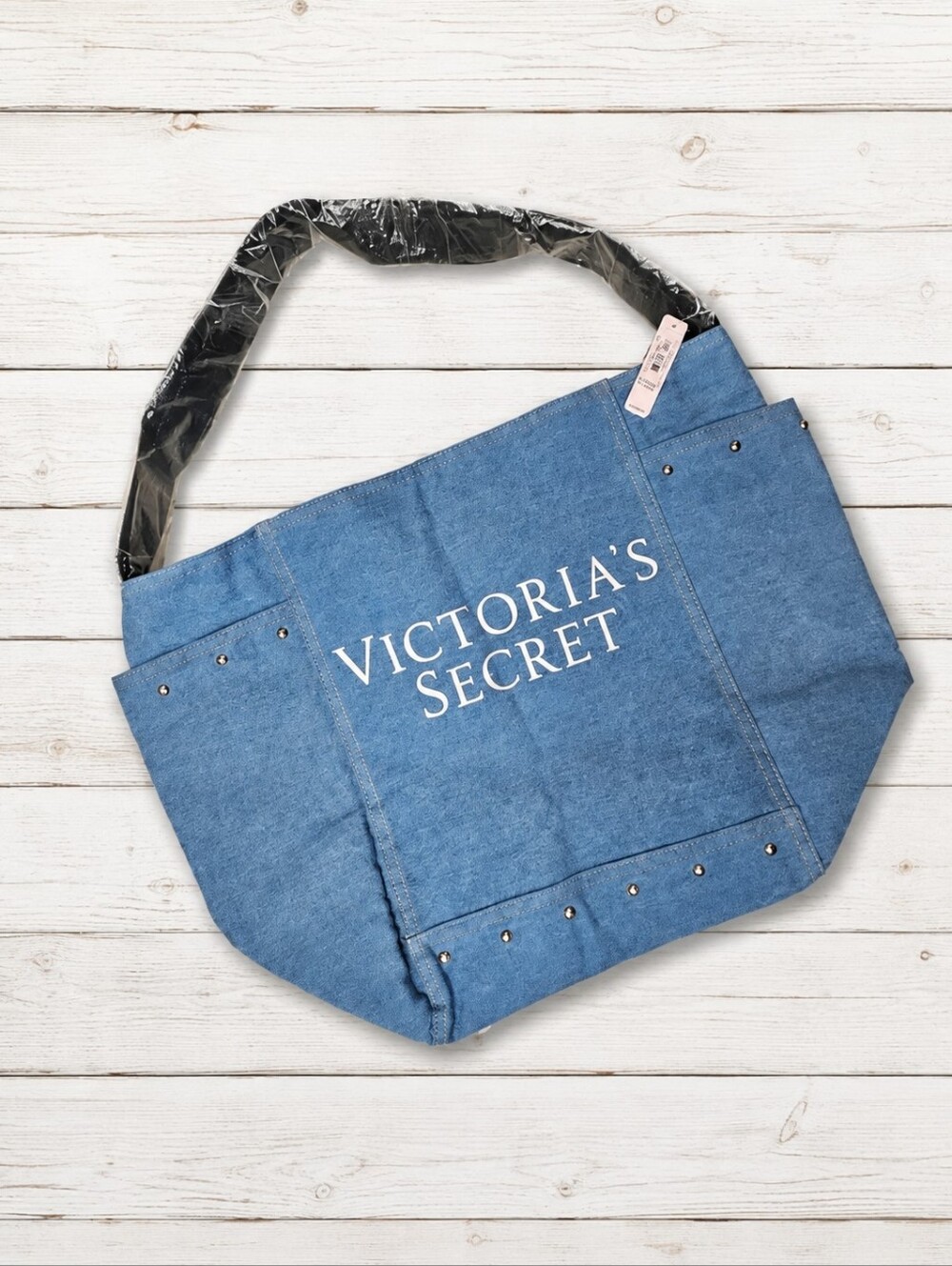 Victoria's Secret Hey Angel Light Blue Denim Rose Gold Studded Weekender Tote